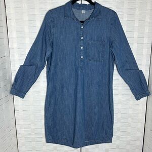 Old Navy Blue Denim Chambray Long Sleeve 1/2 Button Pullover Shirt Dress Sz Med